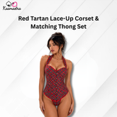 Kaamastra's Red Tartan Lace-Up Corset with Matching Thong Set - Size L