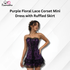 Kaamastra's Purple Floral Lace Corset Mini Dress with Ruffled Skirt - XXL