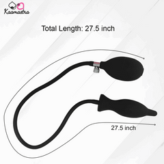 Black leash with two dog toys on a white background, labeled with total length and measurement.