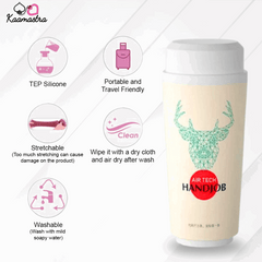 Close-up of Kaamastra Air Tech Handjob Masturbator features: silicone material, stretchable, washable, and portable design