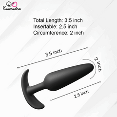 Black butt plug with measurements on a white background