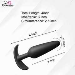 Black butt plug with measurements on a white background