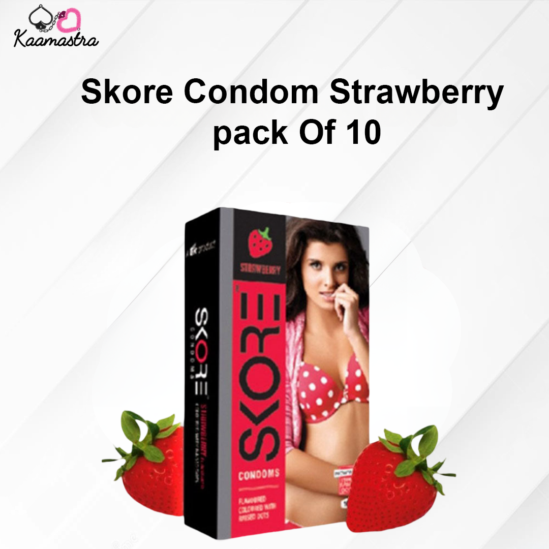 Skore Strawberry condom pack with a model and strawberries on a white background