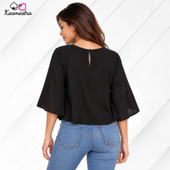 Kaamastra's Black Fringe Bell-Sleeve Top – Size M