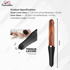 Product specifications for Kaamastra Baseball Bat Sex Machine showing dimensions and tongue licking feature