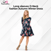 Kaamastra's Navy Blue Floral Long-Sleeve Fit & Flare Dress - Free Size
