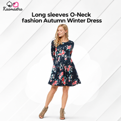 Kaamastra's Navy Blue Floral Long-Sleeve Fit & Flare Dress - Free Size