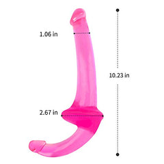 The image shows a pink, double-headed silicone dildo with curved tips. It provides dimensions: the dildo is 10.