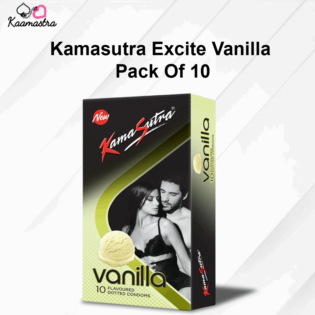 Kamasutra Excite Vanilla condom pack on a white background