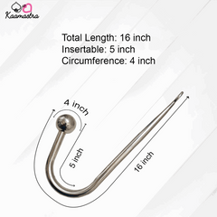 Measurement chart for a metallic curved object with dimensions labeled, branded 'Kaamastra'.