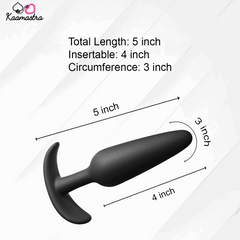 Black butt plug with measurements on a white background, featuring the brand 'Kaamastra'.