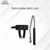 Black penis holder with chain and lash on a white background, branded 'Kaamastra'.