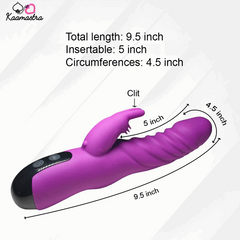 Kaamastra rabbit vibrator measurements - 9.5 inch total length, 5 inch insertable, 4.5 inch circumference
