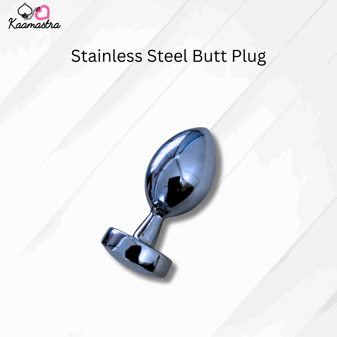 Stainless Steel Butt Plug on a white background with Kaamastra branding.