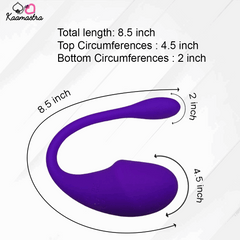 Measurement chart of a purple object with dimensions labeled, featuring the brand 'Kaamastra'.