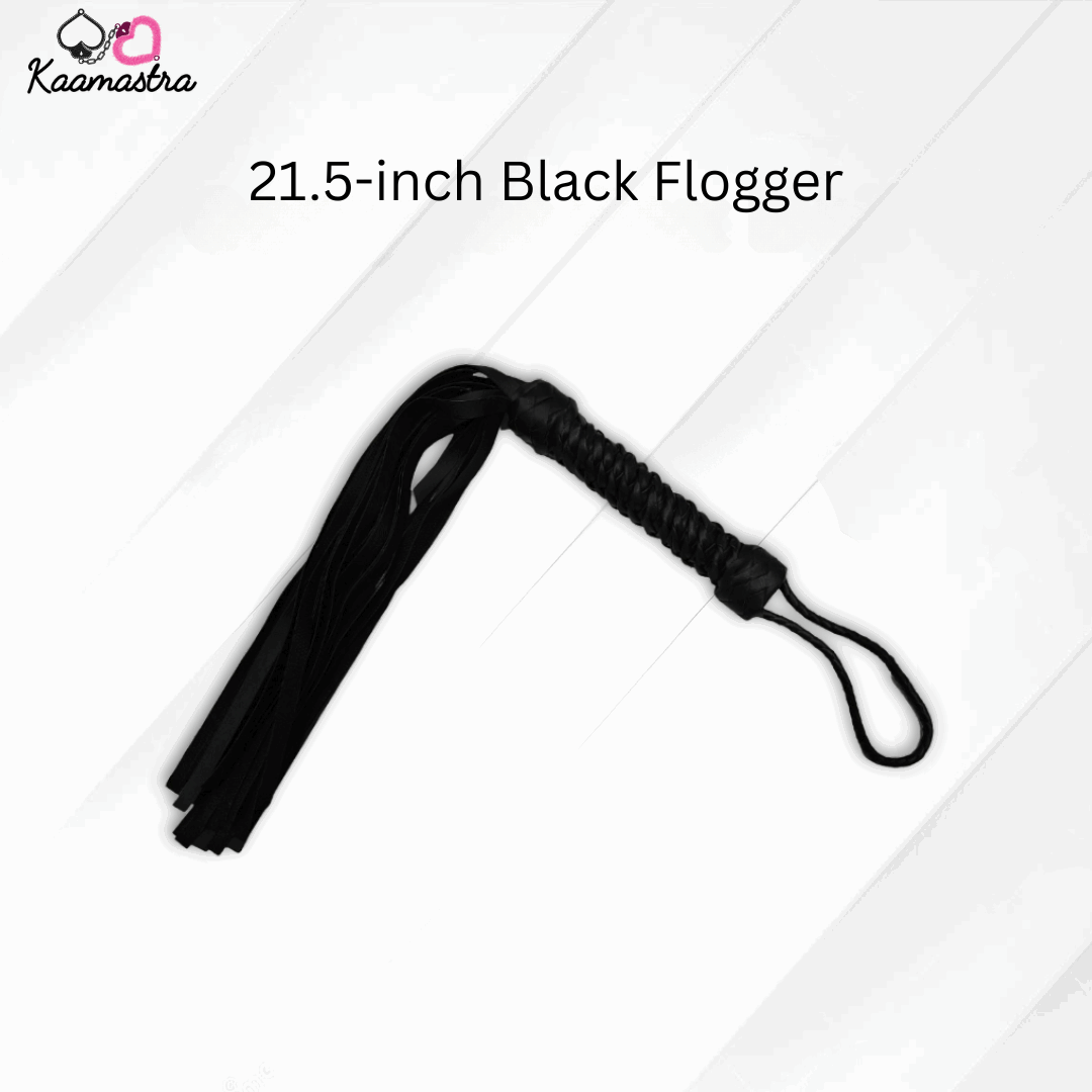 Black flogger with a handle on a white background, branded 'Kaamastra'.