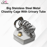 Stainless steel metal chastity cage with urinary tube on a white background, branded as Kaamastra.