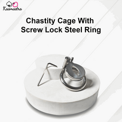 Chastity cage with screw lock steel ring on a white background