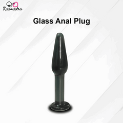 Glass anal plug with 'Kaamastra' branding on a white background