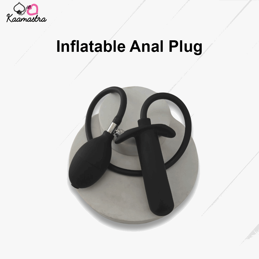 Inflatable anal plug with black handles on a white background, branded 'Kaamastra'.