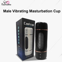 Male vibrating masturbation cup with packaging on a white background
