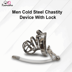 Men Cold Steel Chastity Device with Lock on a white background