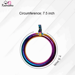 Multicolored circular object with measurement text on a white background