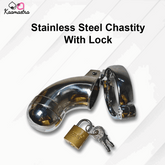 Stainless steel chastity device with lock on a white background
