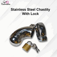 Stainless steel chastity device with lock on a white background