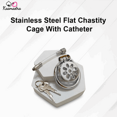 Stainless Steel Flat Chastity Cage with Catheter on a white background