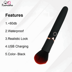Feature list for the Kaamastra vibrating makeup brush: quiet, waterproof, realistic, USB charging, black color