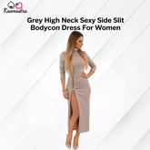 Kaamastra's Taupe High-Neck Bodycon Dress - Free Size | Front Zip Side Slit