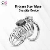 Birdcage Steel Men's Chastity Device with Kaamastra logo on a white background