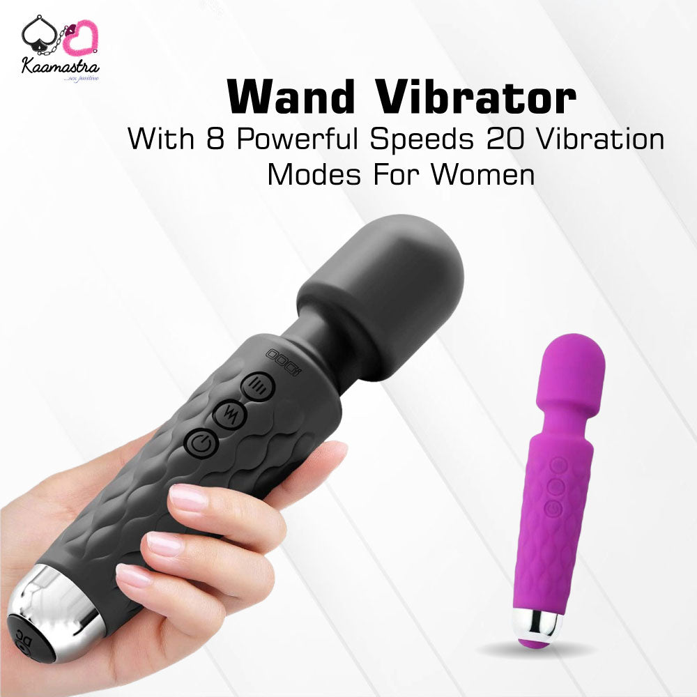 Black and purple wand vibrators with text about speeds and modes on a white background.