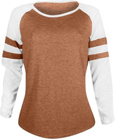 A brown and white full sleeve women's t-shirt with a round neckline.