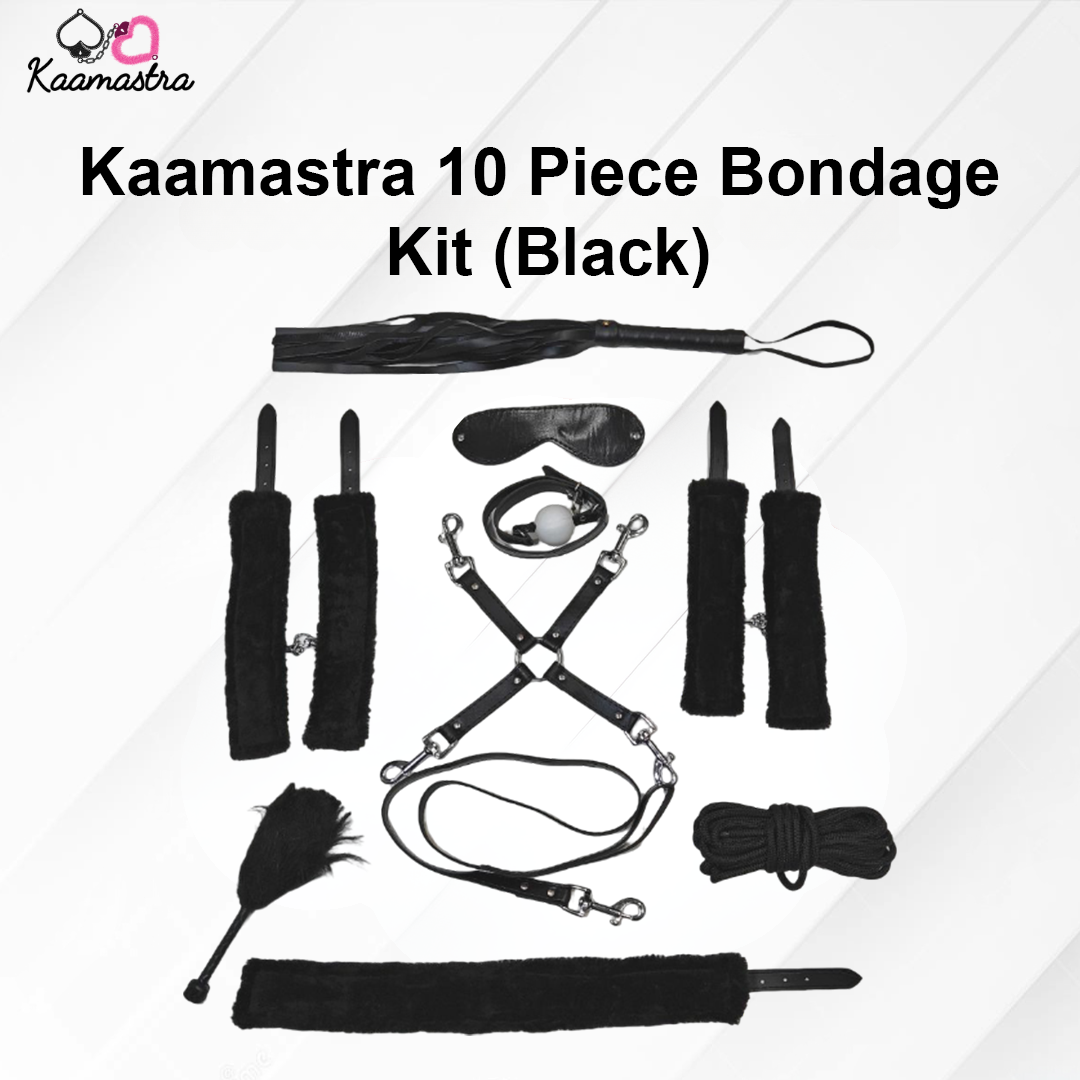 Kaamastra 10 Piece Bondage Kit with various black items on a white background