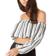 Black and White Stripe Print Full Sleeve Crop Top