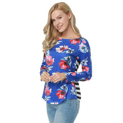 Blue Stripe & Flower Print Full Sleeve women's Top