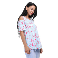 Light Blue Floral Short Sleeve Cold Shoulder Top for Women