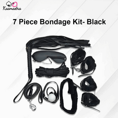 Kaamastra 7-piece black bondage kit including restraints, whip, and collar for secure play