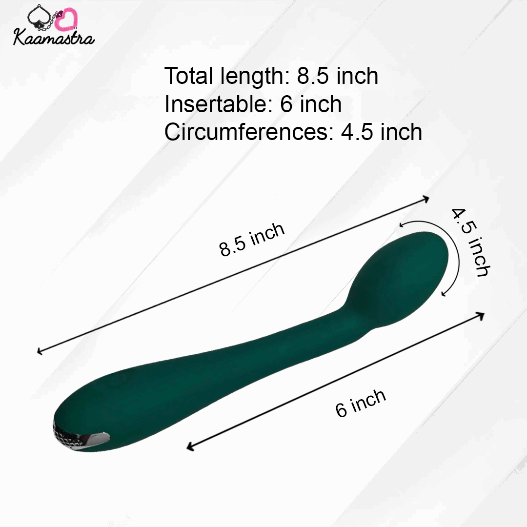 Dimensions of Kaamastra vibrator showing 8.5-inch length and 6-inch insertable length