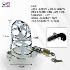 Close-up of Kaamastra chastity cage with dimensions (7.5cm length, 4cm diameter)