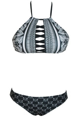 Kaamastra Black & White Printed Halter Neck Bikini for Women