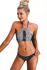 Kaamastra Black & White Printed Halter Neck Bikini for Women