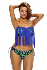 Kaamastra Blue and Green Tassel Halter Neck Bikini