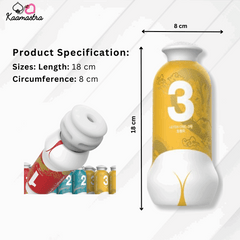 Specs for Leten One-3 Masturbator - 18cm length, 8cm circumference, soft TPE material.