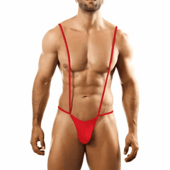 This image features the Kaamastra Red Mankini Men's Lingerie, designed to showcase a bold and striking appearance. The lingerie consists of a bright red G-string-style bottom and a matching red bra-top, both made from a shiny, smooth fabric that enhances the product's sleek look.