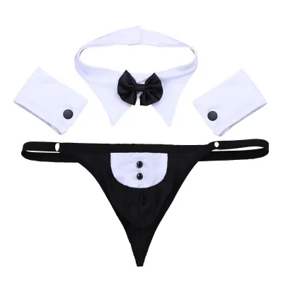 A men's tuxedo-themed black and white thong panty lingerie set, including a bow tie and shirt collar.