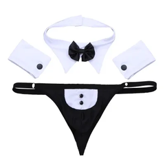 A men's tuxedo-themed black and white thong panty lingerie set, including a bow tie and shirt collar.