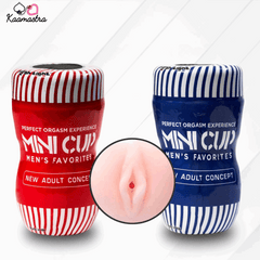Two 'Mini Cup' products in red and blue with striped patterns on a white background, featuring the brand 'Kaamastra'.
